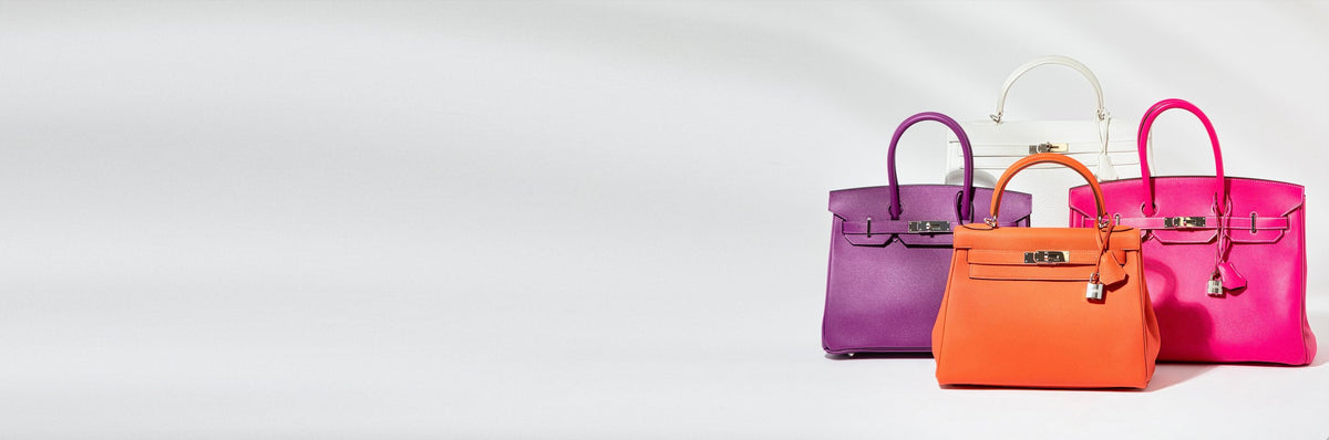 Hermes Birkin and Kelly bags in purple pink orange and white