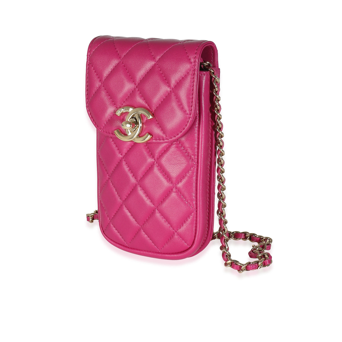 Chanel Pink Quilted Lambskin CC Phone Holder With Chain