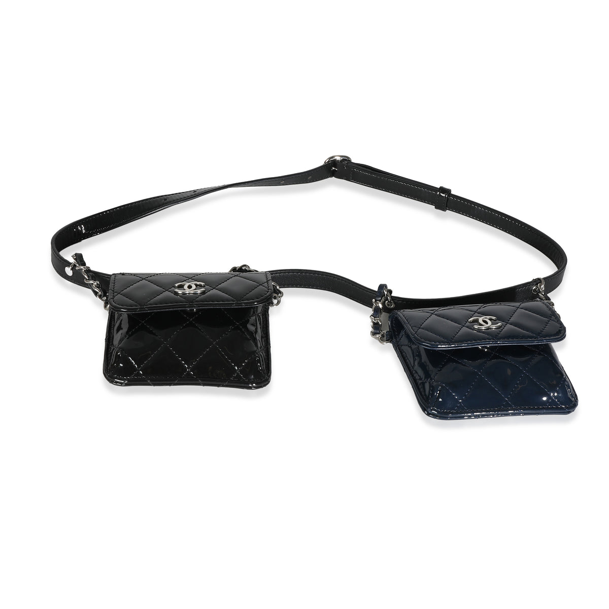 Chanel Black Navy Quilted Patent CC Double Chain Mini Waist Bag