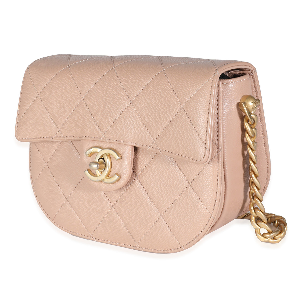 Beige Quilted Caviar Mini Round Messenger Bag