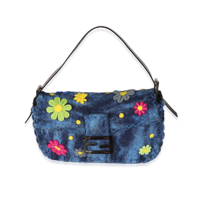Blue Multicolor Wool Flower Baguette Bag