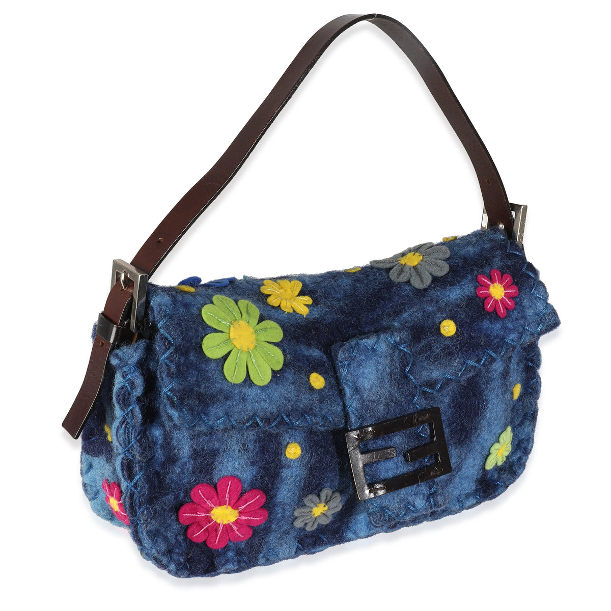 Blue Multicolor Wool Flower Baguette Bag