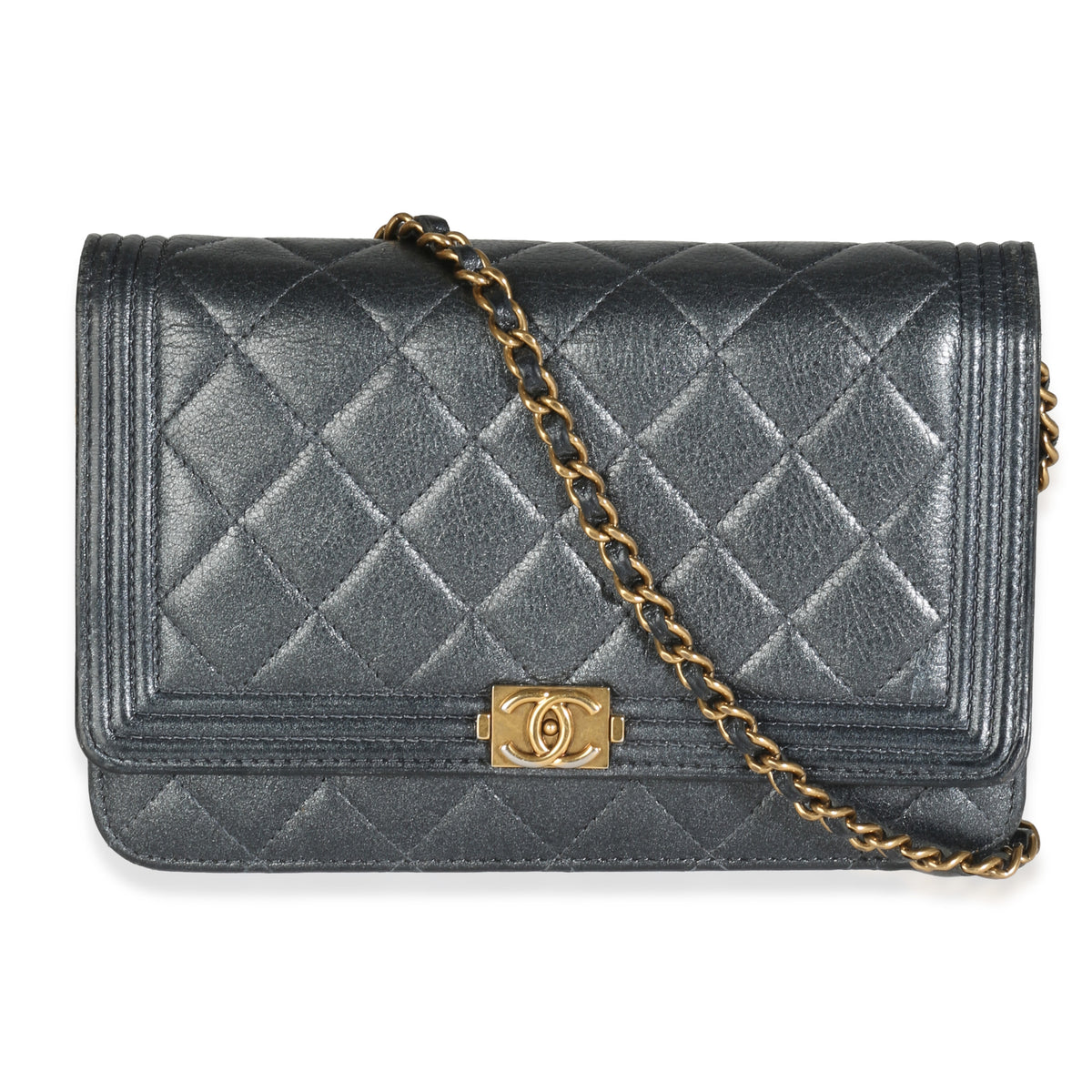 Chanel Gunmetal Quilted Lambskin Boy Wallet On Chain Handbag fv