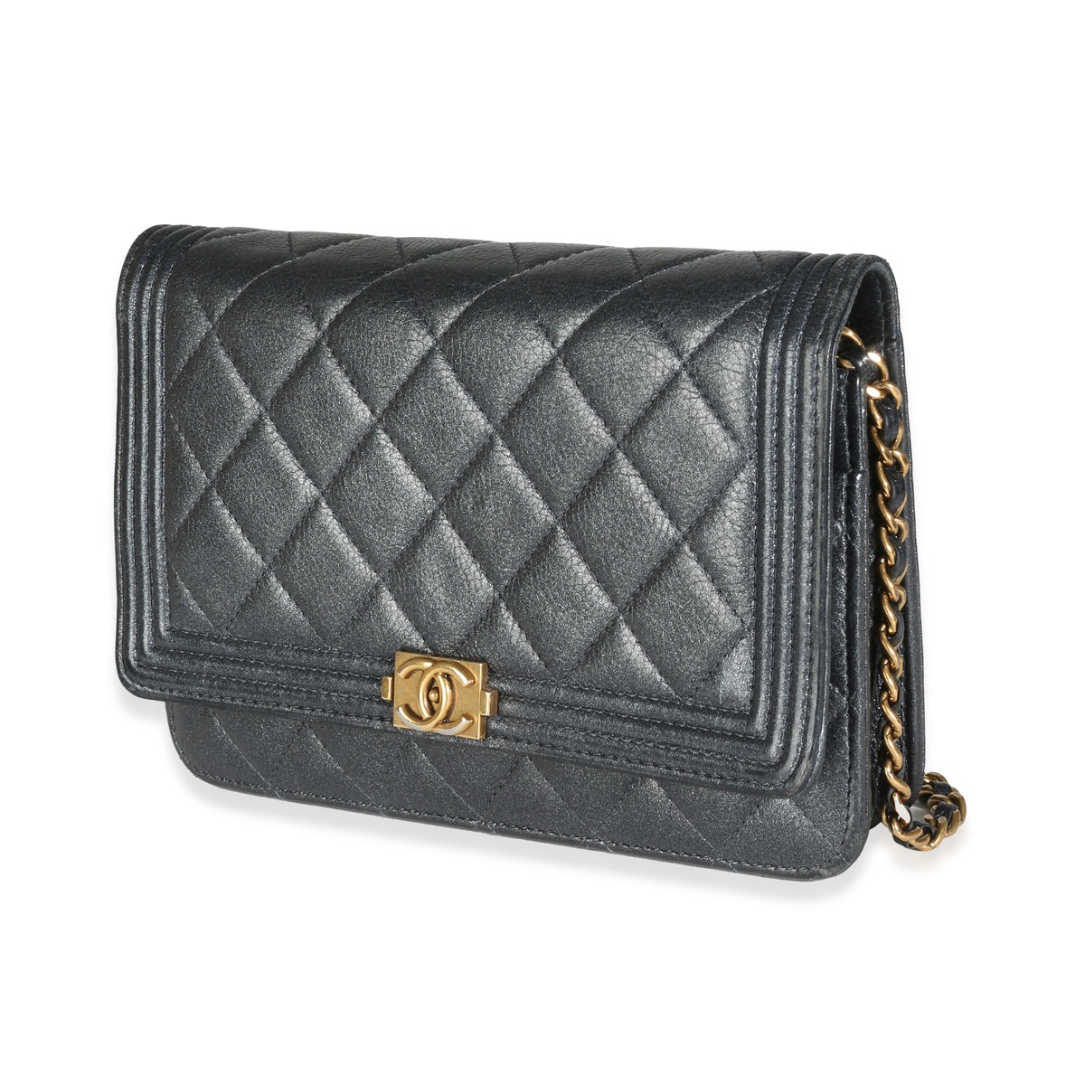 Chanel Gunmetal Quilted Lambskin Boy Wallet On Chain Handbag sv
