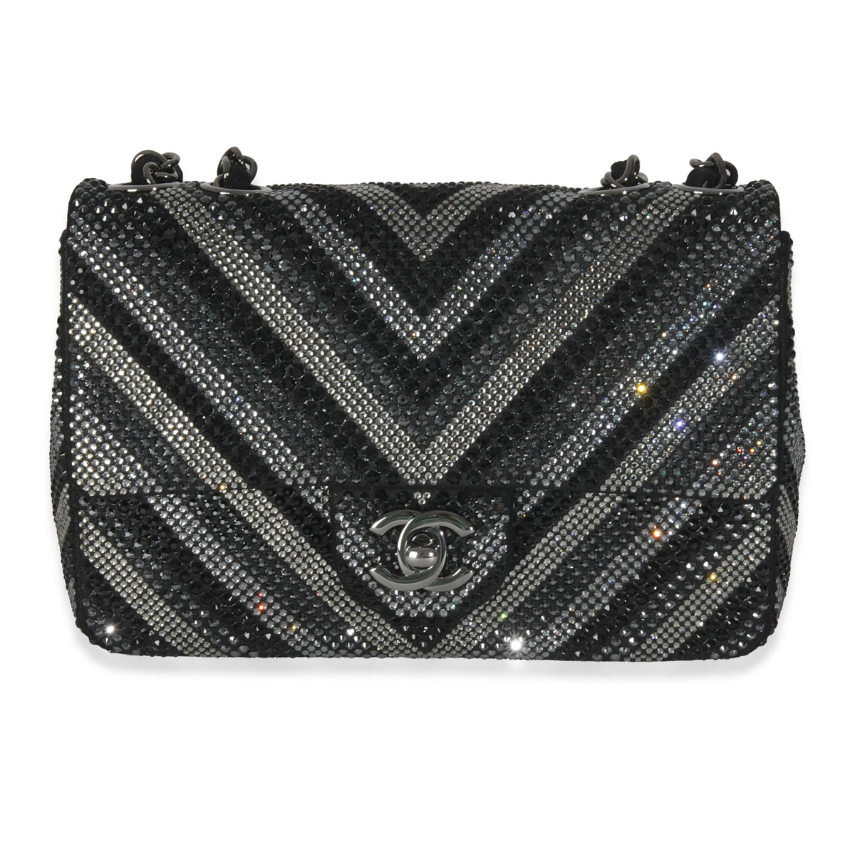 Chanel Black Strass CC Chevron Mini Flap Bag Handbag fv