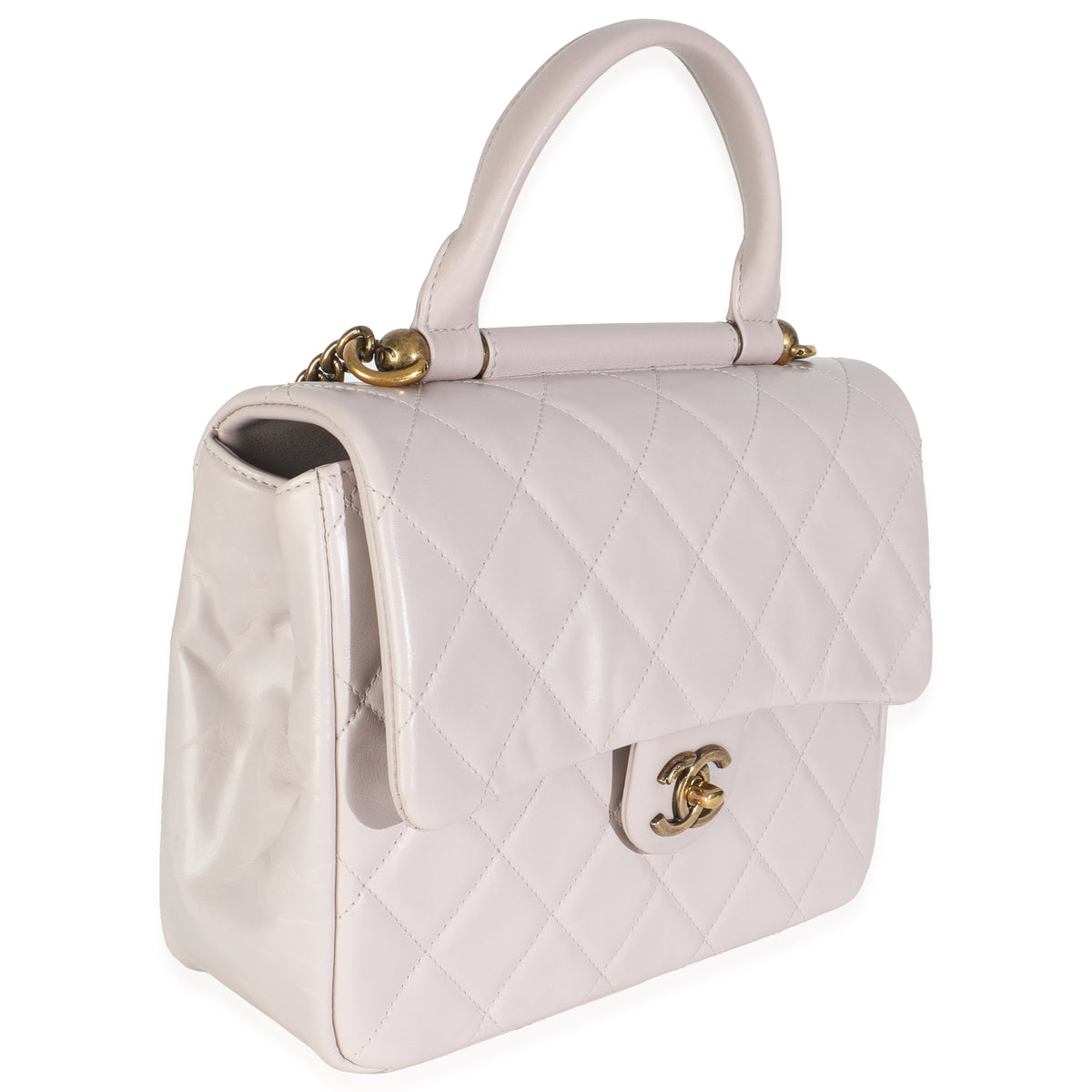 Chanel Light Pink Quilted Glazed Calfskin Medium Gold Bar Top Handle Flap Bag Handbag pv