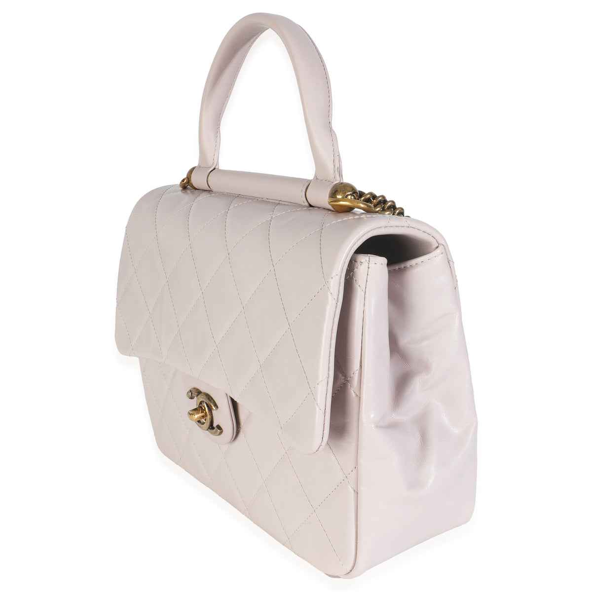 Chanel Light Pink Quilted Glazed Calfskin Medium Gold Bar Top Handle Flap Bag Handbag sv