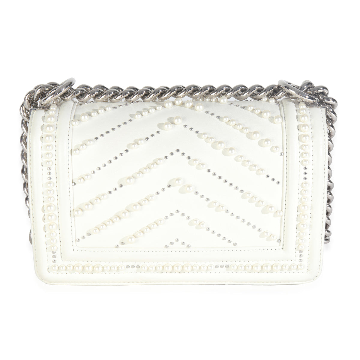 Chanel White Calfskin Pearl Chevron Small Boy Bag Handbag bv