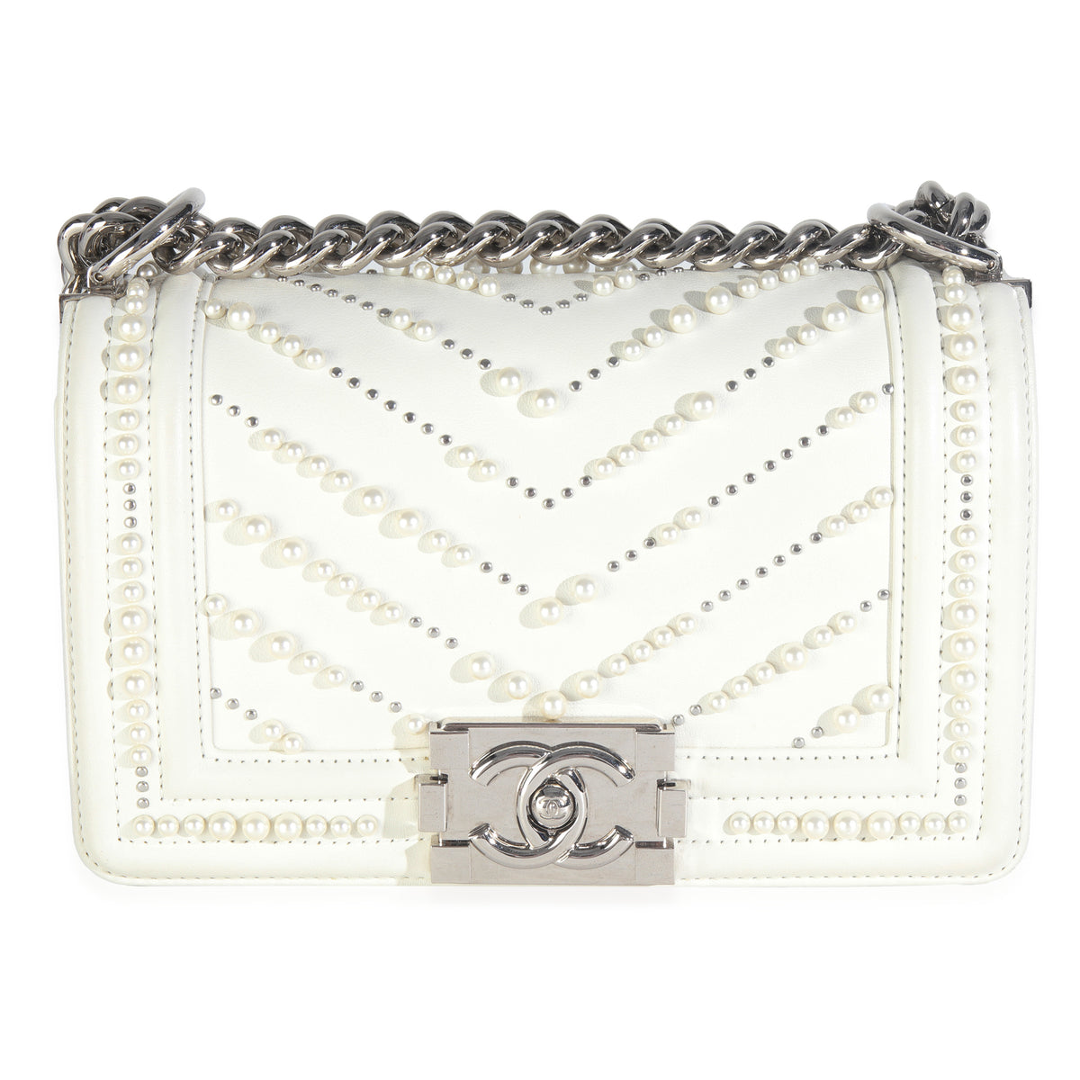 Chanel White Calfskin Pearl Chevron Small Boy Bag Handbag fv
