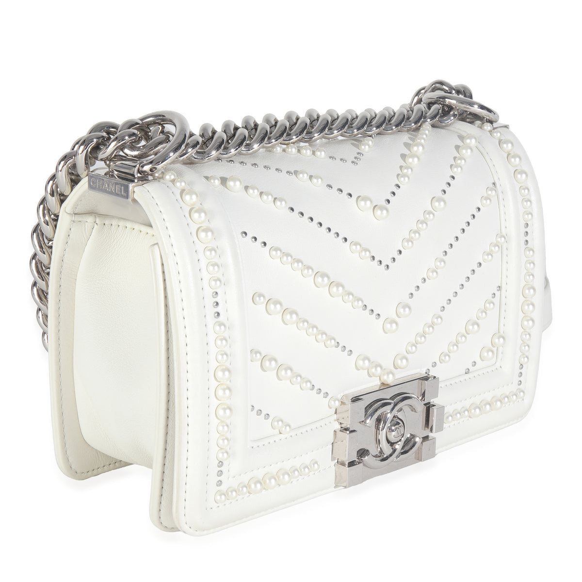 Chanel White Calfskin Pearl Chevron Small Boy Bag Handbag pv