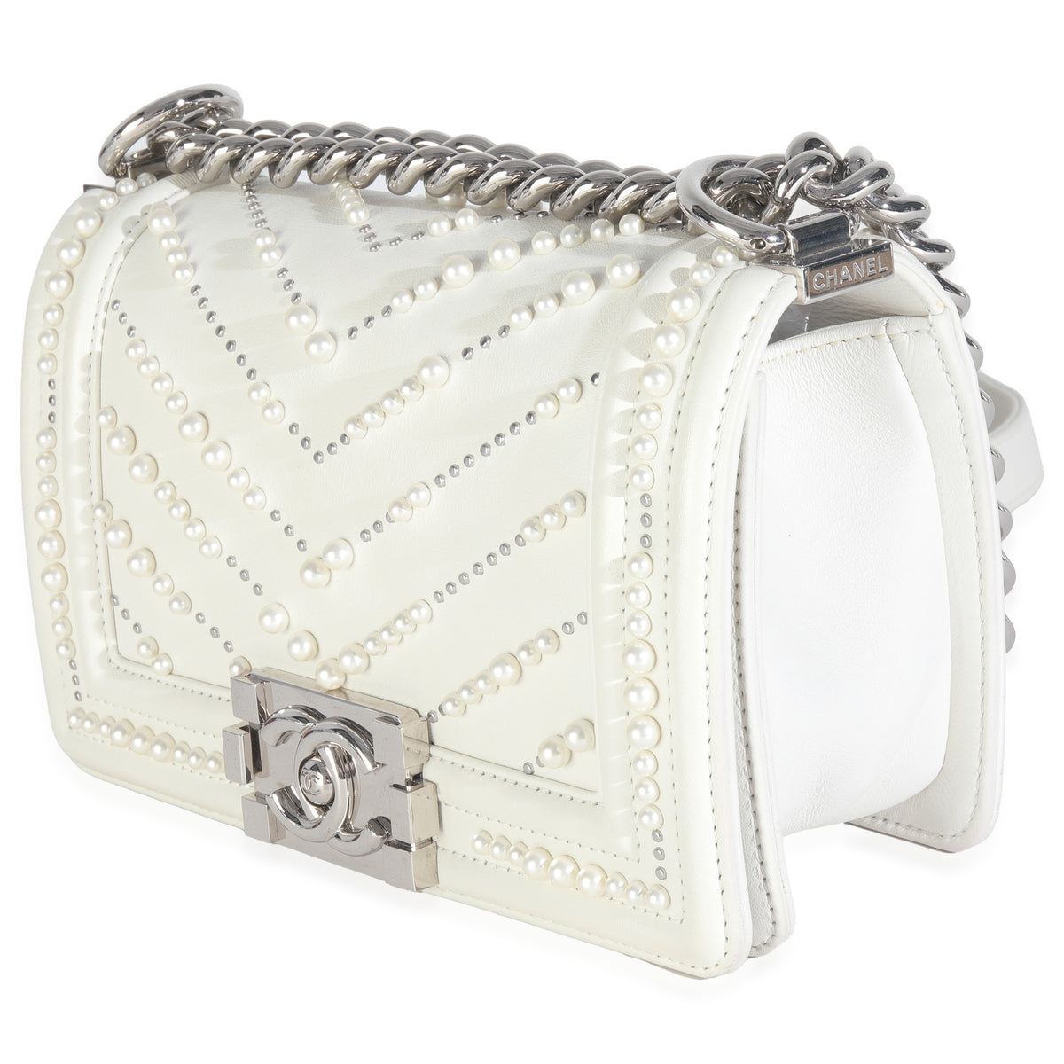 Chanel White Calfskin Pearl Chevron Small Boy Bag Handbag sv