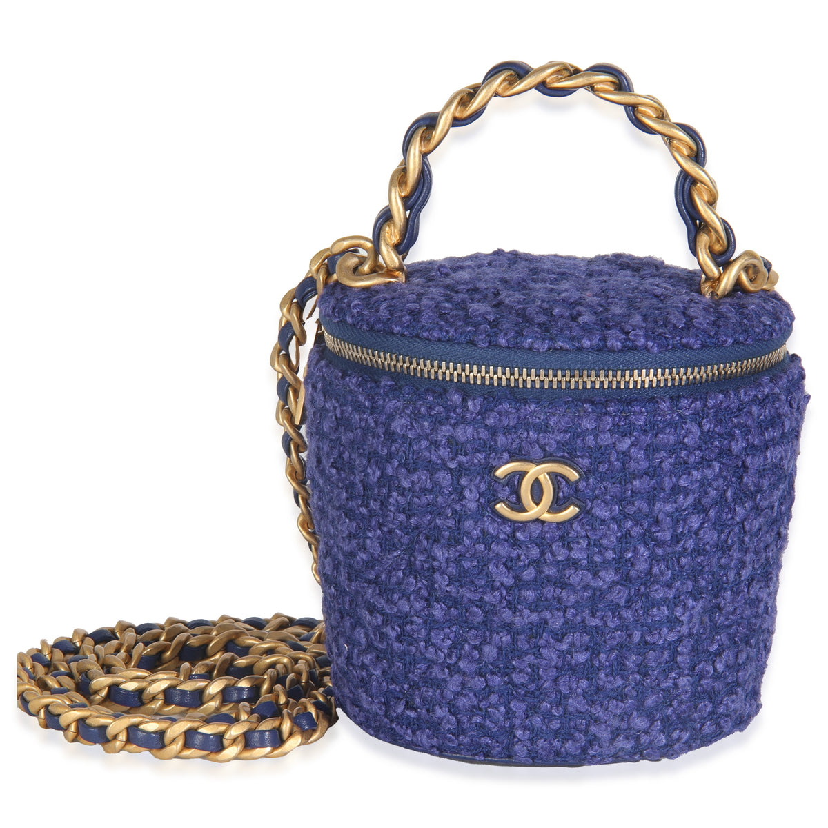 Chanel Blue Quilted Tweed Afternoon Tea Top Handle Vanity Case With Chain Handbag fv