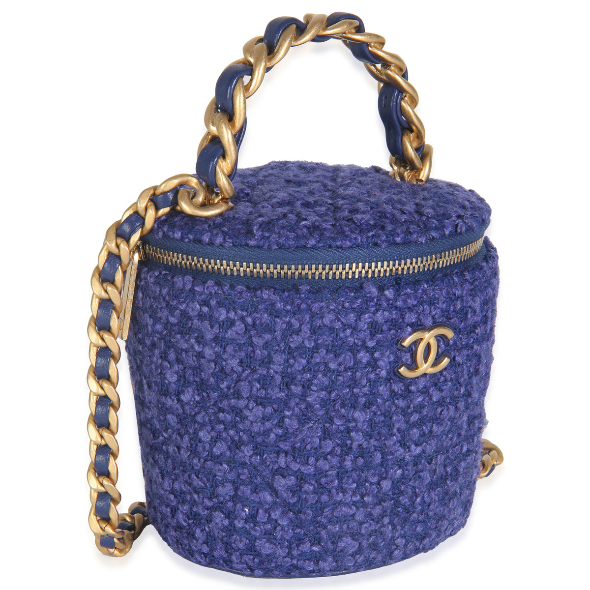 Chanel Blue Quilted Tweed Afternoon Tea Top Handle Vanity Case With Chain Handbag pv