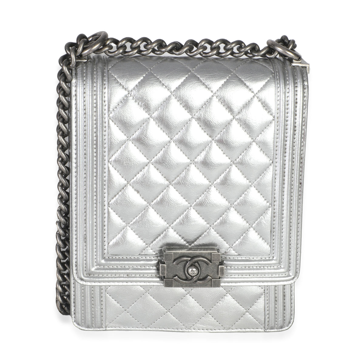 Chanel Silver Quilted Crinkled Goatskin North South Boy Bag Handbag fv