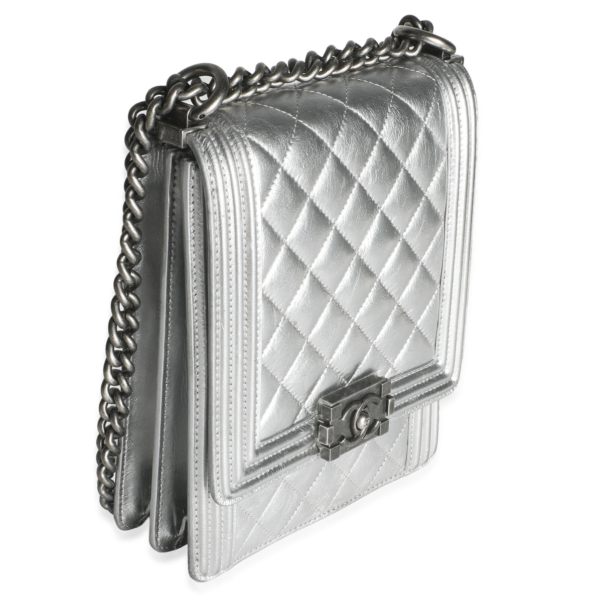 Chanel Silver Quilted Crinkled Goatskin North South Boy Bag Handbag pv