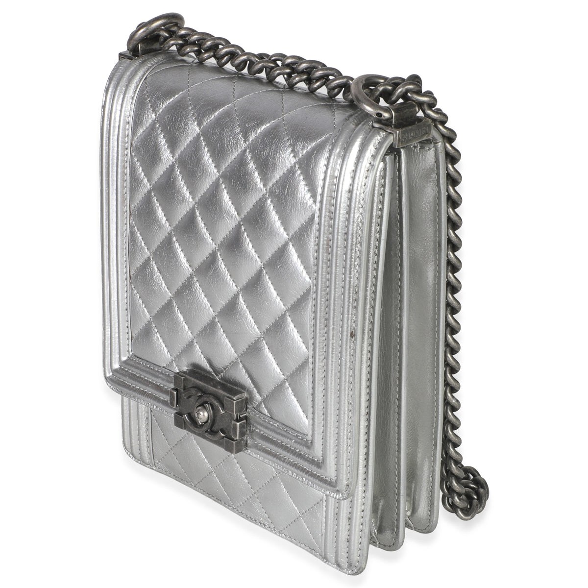 Chanel Silver Quilted Crinkled Goatskin North South Boy Bag Handbag sv