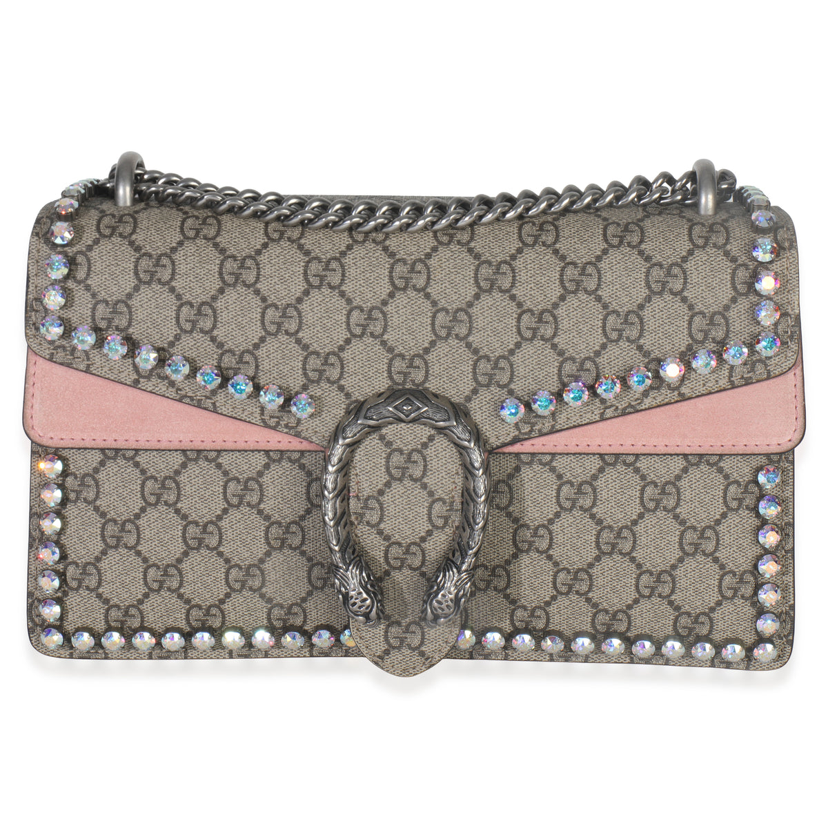 Gucci Pink Beige GG Supreme Canvas Crystal Small Dionysus Shoulder Bag Handbag fv