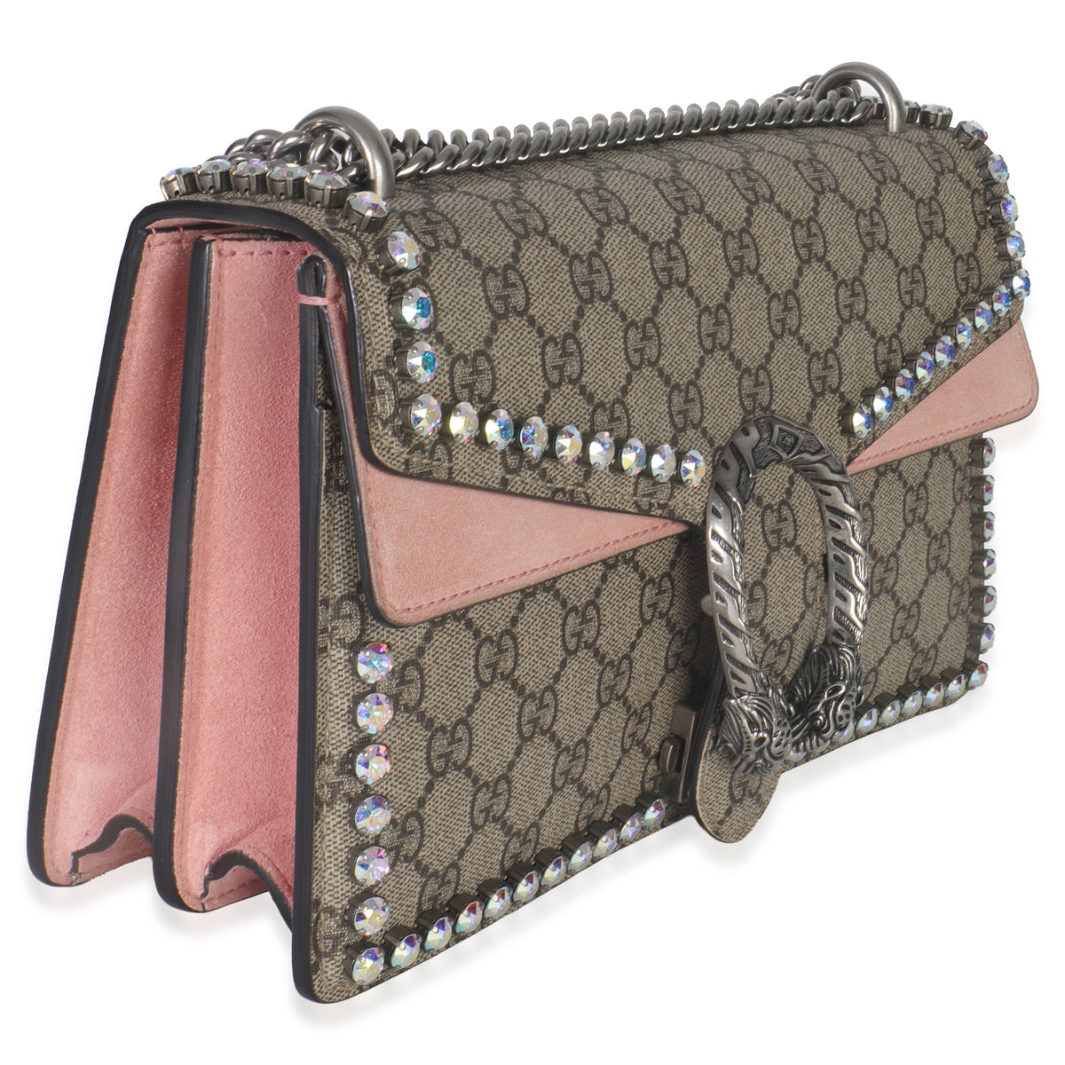 Gucci Pink Beige GG Supreme Canvas Crystal Small Dionysus Shoulder Bag Handbag pv