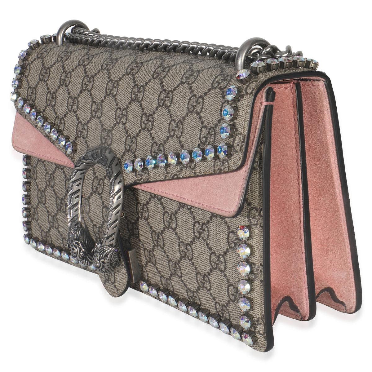 Gucci Pink Beige GG Supreme Canvas Crystal Small Dionysus Shoulder Bag Handbag sv