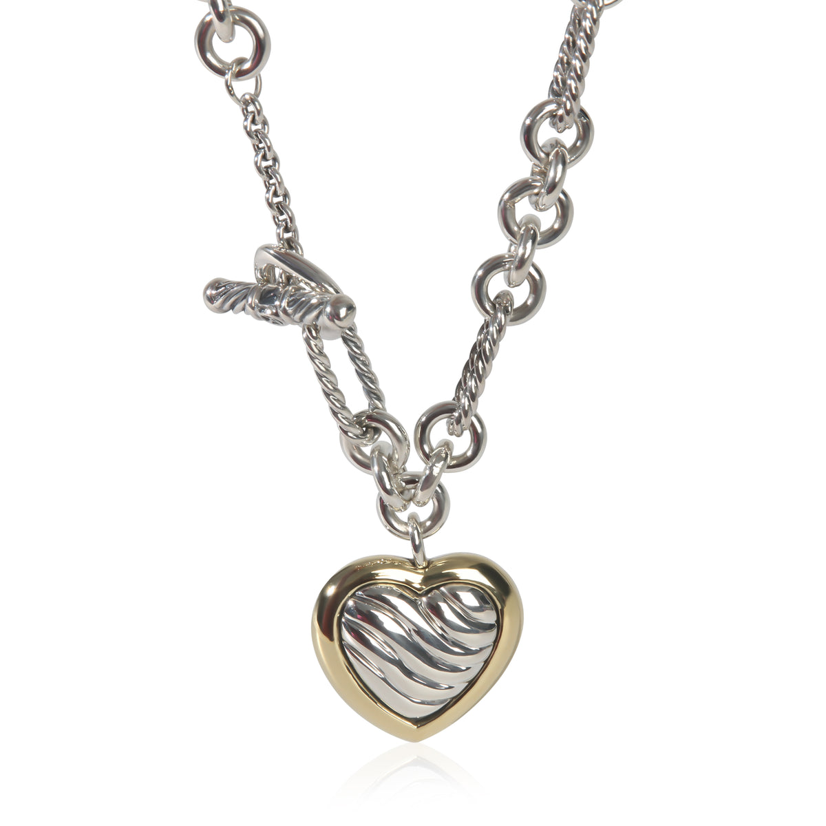 David Yurman Yellow Gold & Sterling Silver Figaro Link With Heart Charm Necklac fv