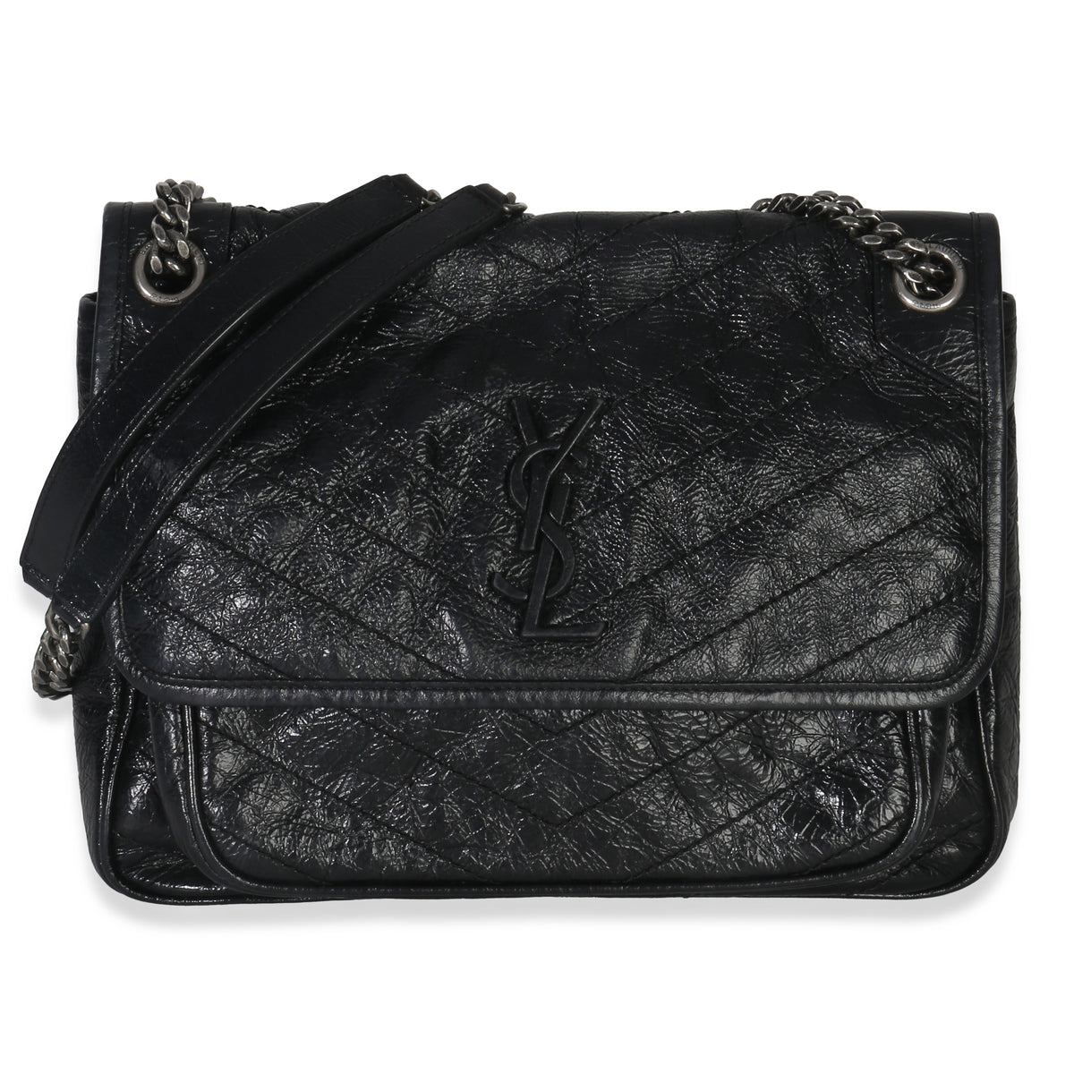 Saint Laurent Black Crinkled Calfskin Matelasse Medium Niki Chain Satchel Handbag fv