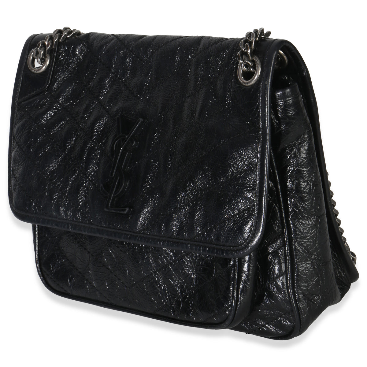 Saint Laurent Black Crinkled Calfskin Matelasse Medium Niki Chain Satchel Handbag sv