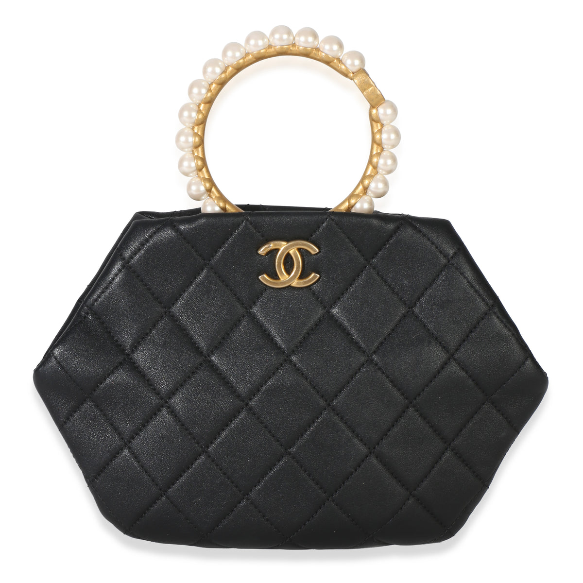 Chanel Black Lambskin Quilted Pearl Crown Clutch Handbag fv