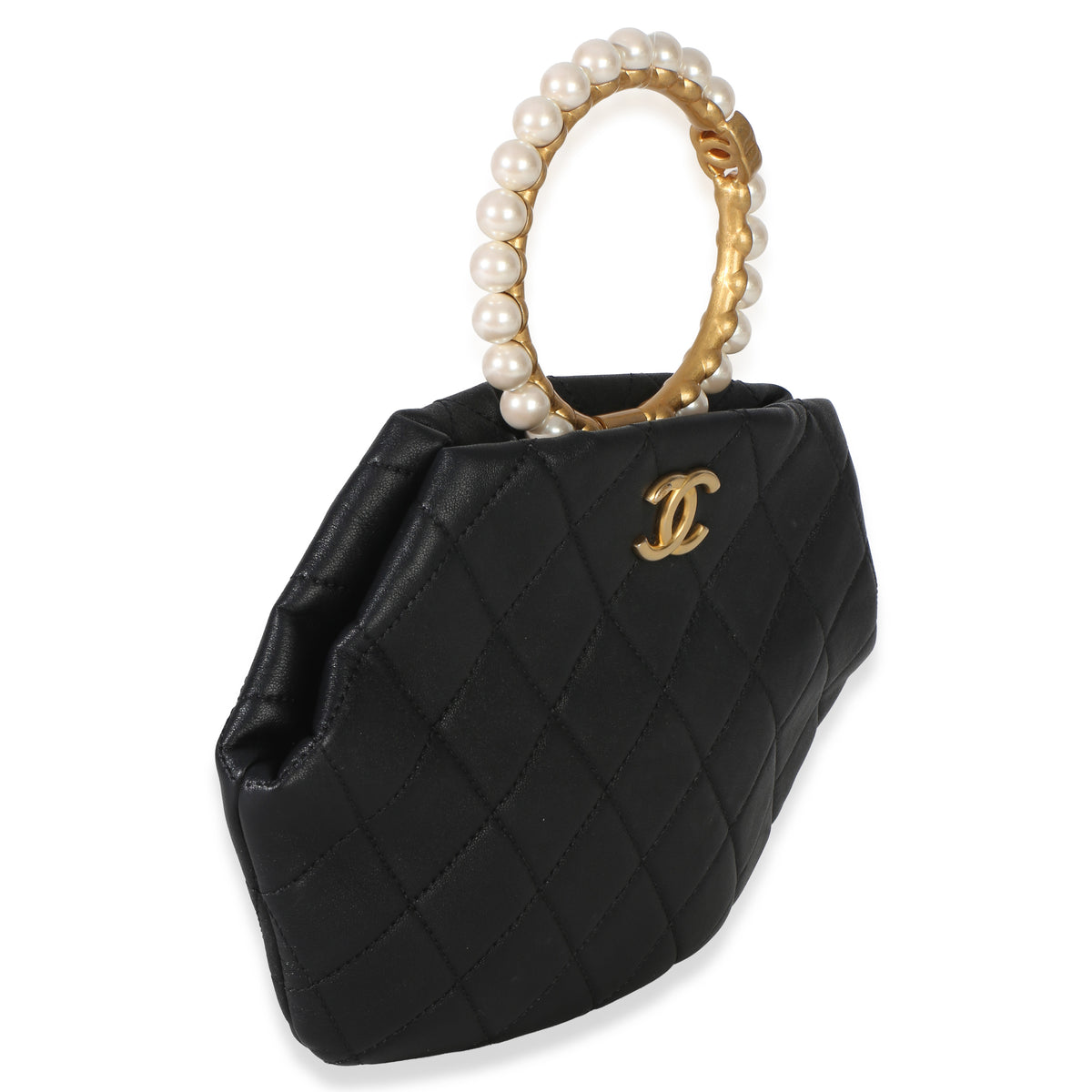 Chanel Black Lambskin Quilted Pearl Crown Clutch Handbag pv