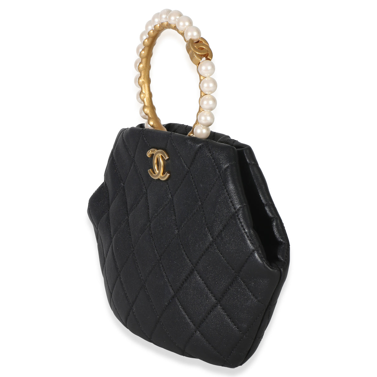 Chanel Black Lambskin Quilted Pearl Crown Clutch Handbag sv