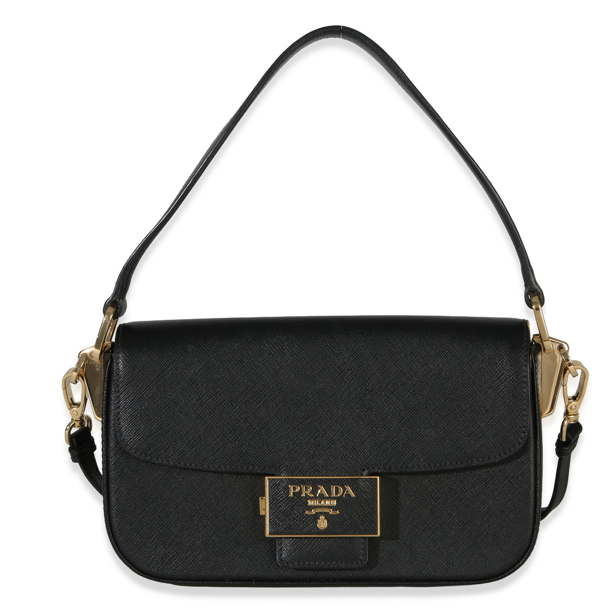Prada Black Saffiano Lux Leather Embleme Flap Shoulder Bag Handbag fv