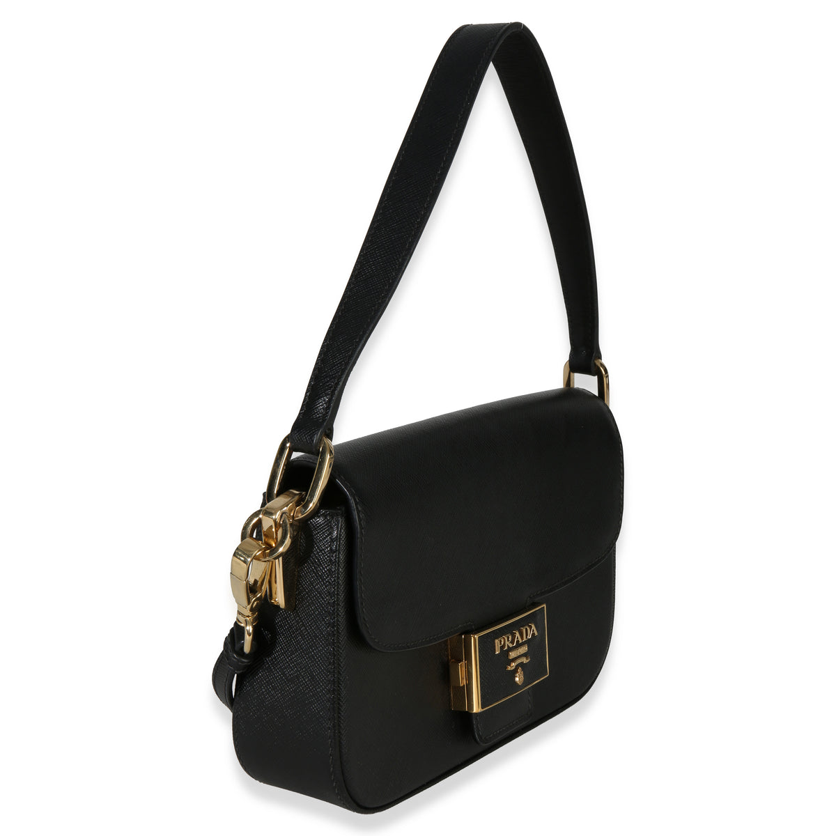 Prada Black Saffiano Lux Leather Embleme Flap Shoulder Bag Handbag pv