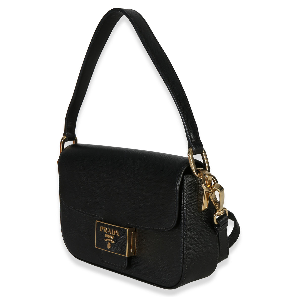 Prada Black Saffiano Lux Leather Embleme Flap Shoulder Bag Handbag sv