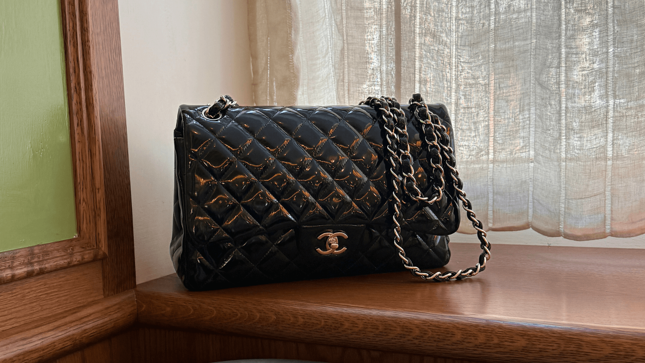 Chanel black patent flap bag