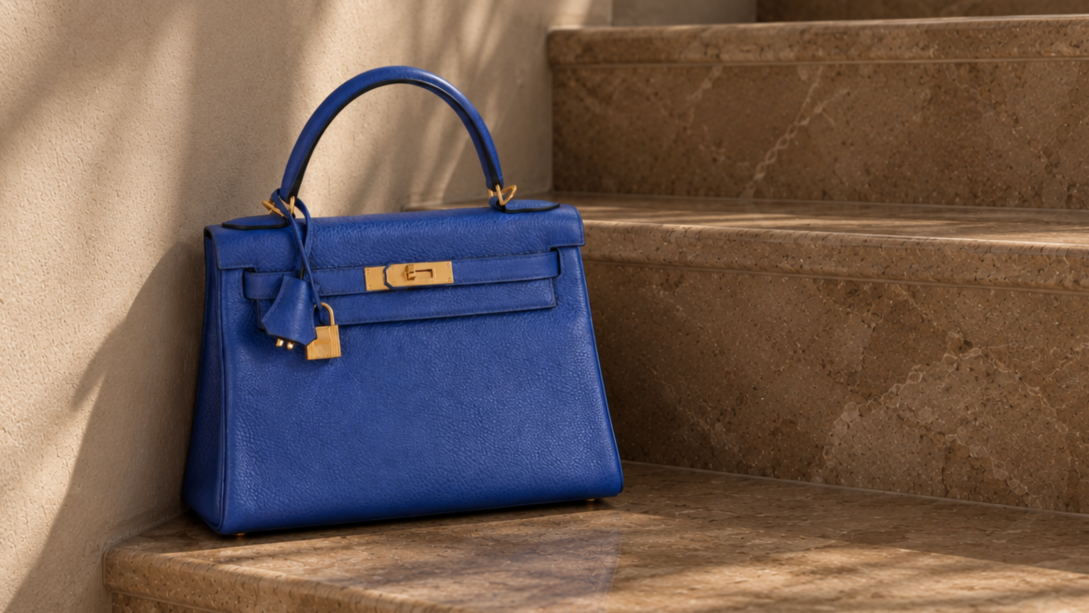 Blue Hermès Kelly bag on stairs