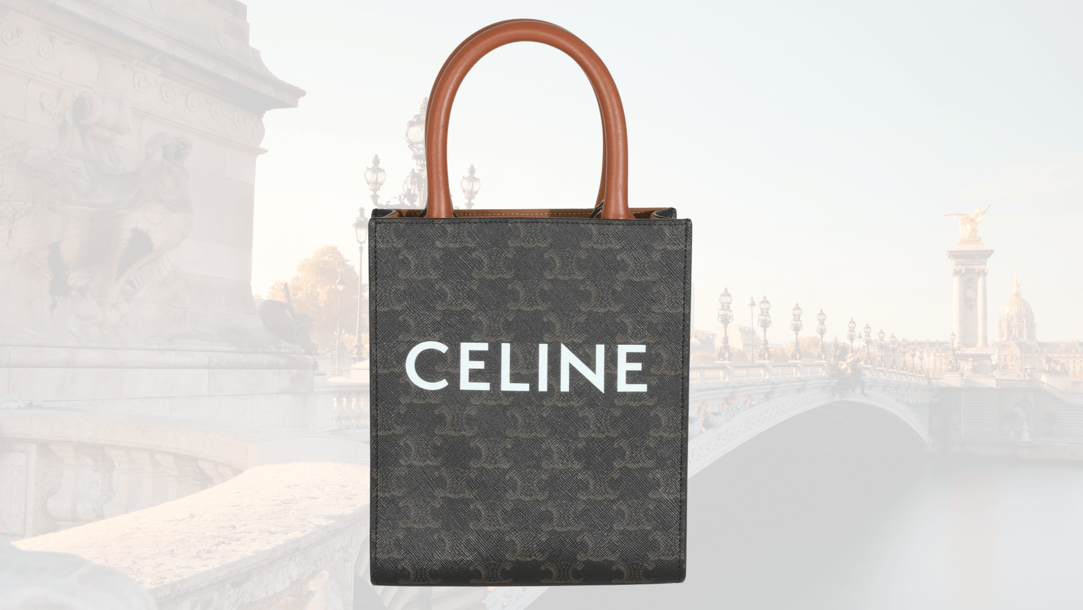 Celine logo bag on Paris bridge background