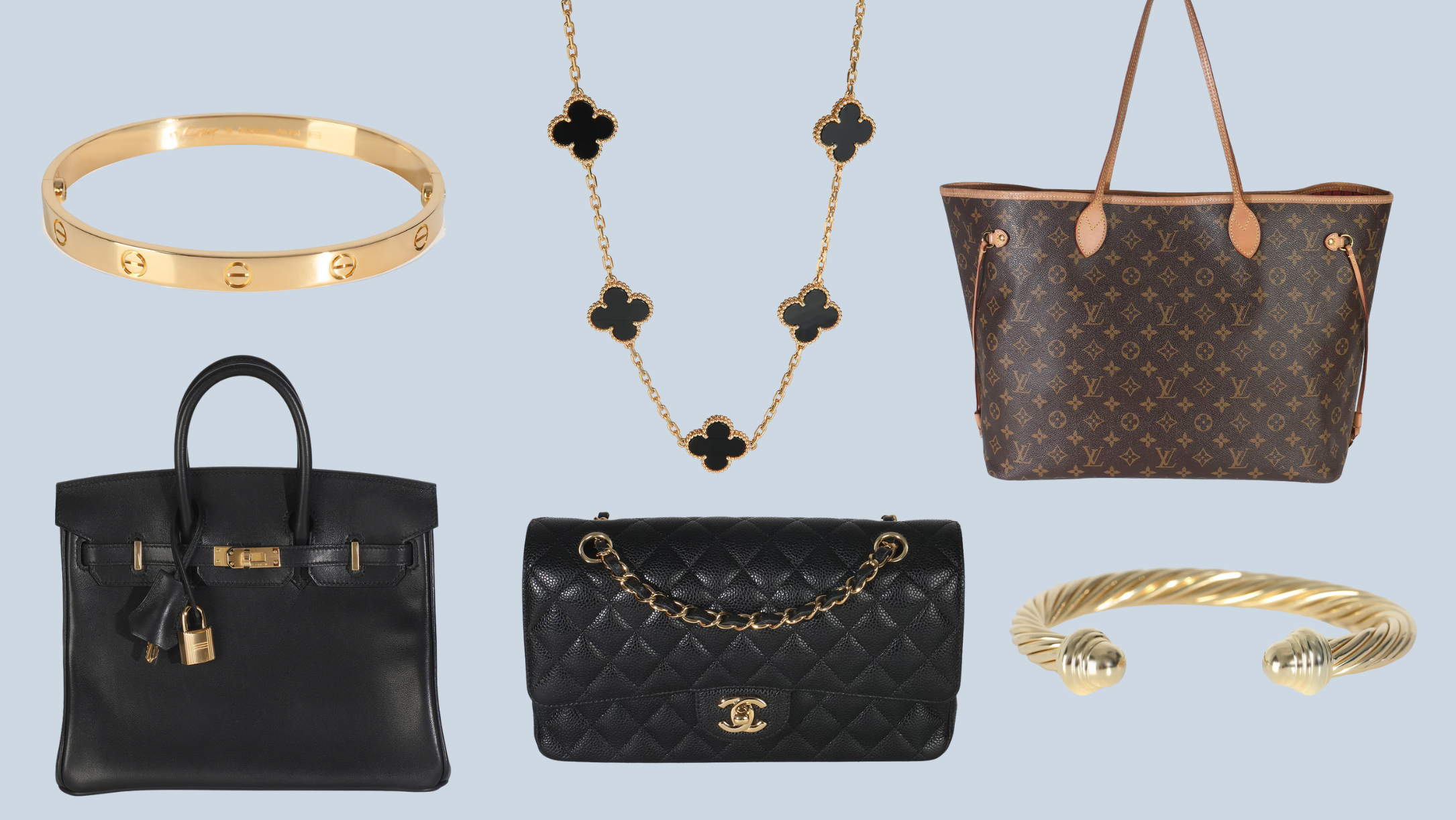 The best luxury accessories, including handbags and jewelry on a light blue background