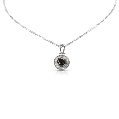 Black Diamond Halo Necklace in 14K White Gold, 0.97 Ctw on Chain