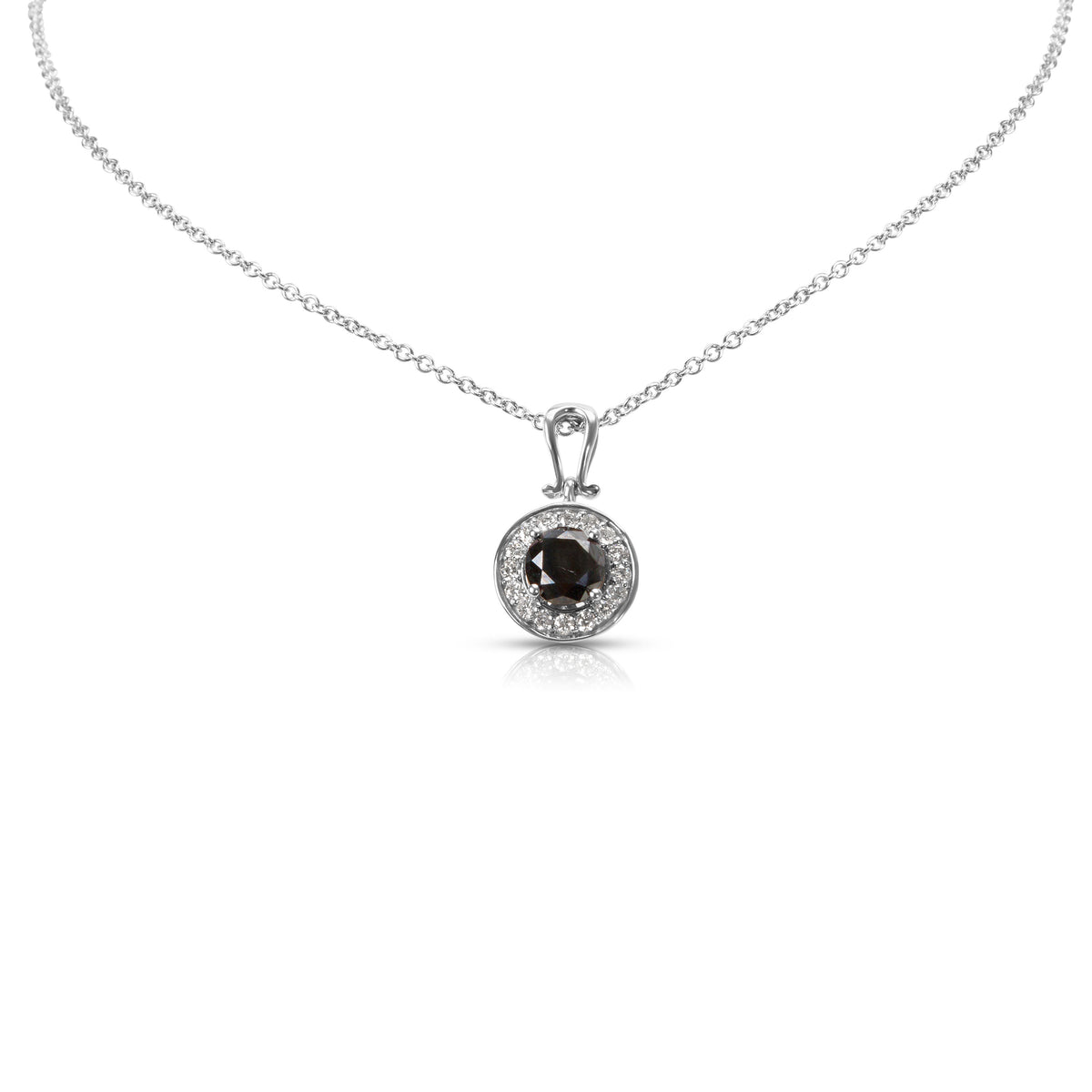 Black Diamond Halo Necklace in 14K White Gold, 0.97 Ctw on Chain