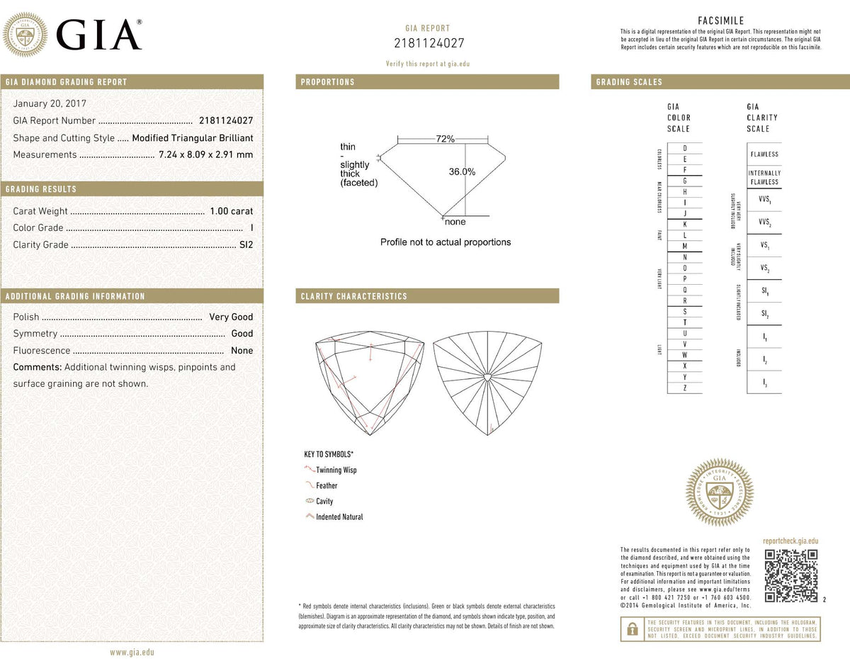 GIA Certified 1.00 Ct Triangle cut I SI2 Loose Diamond