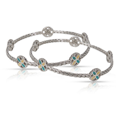 Batu Kawung Bangles 5 Flower Stations, Turquoise & Ivory in Sterling
