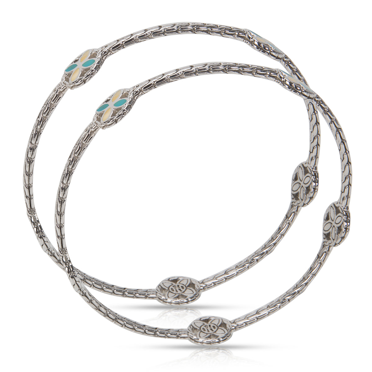 Batu Kawung Bangles 5 Flower Stations, Turquoise & Ivory in Sterling