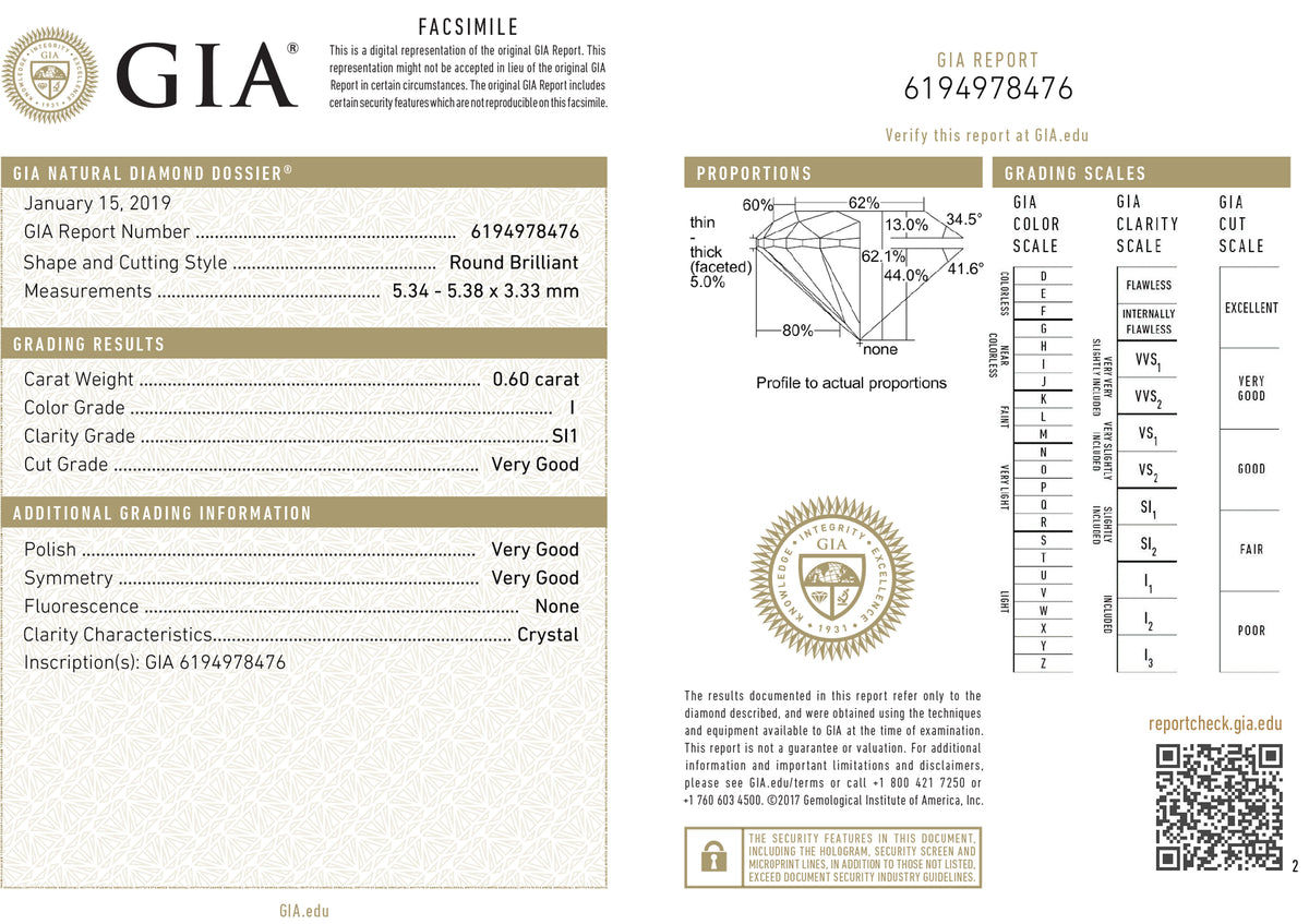 GIA Certified 0.60 Ct Round cut I SI1 Loose Diamond