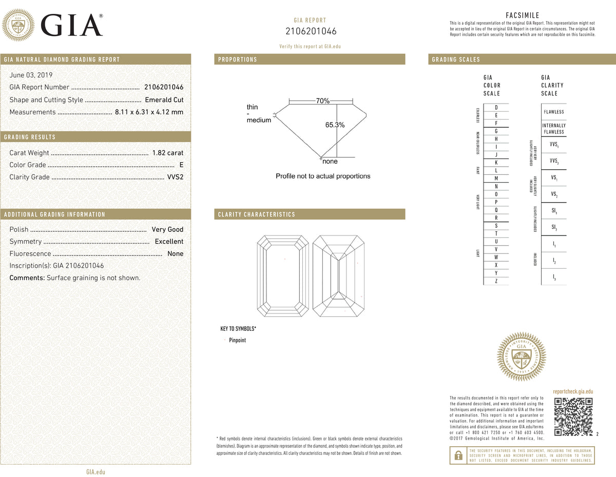 GIA Certified 1.82 Ct Emerald cut E VVS2 Loose Diamond