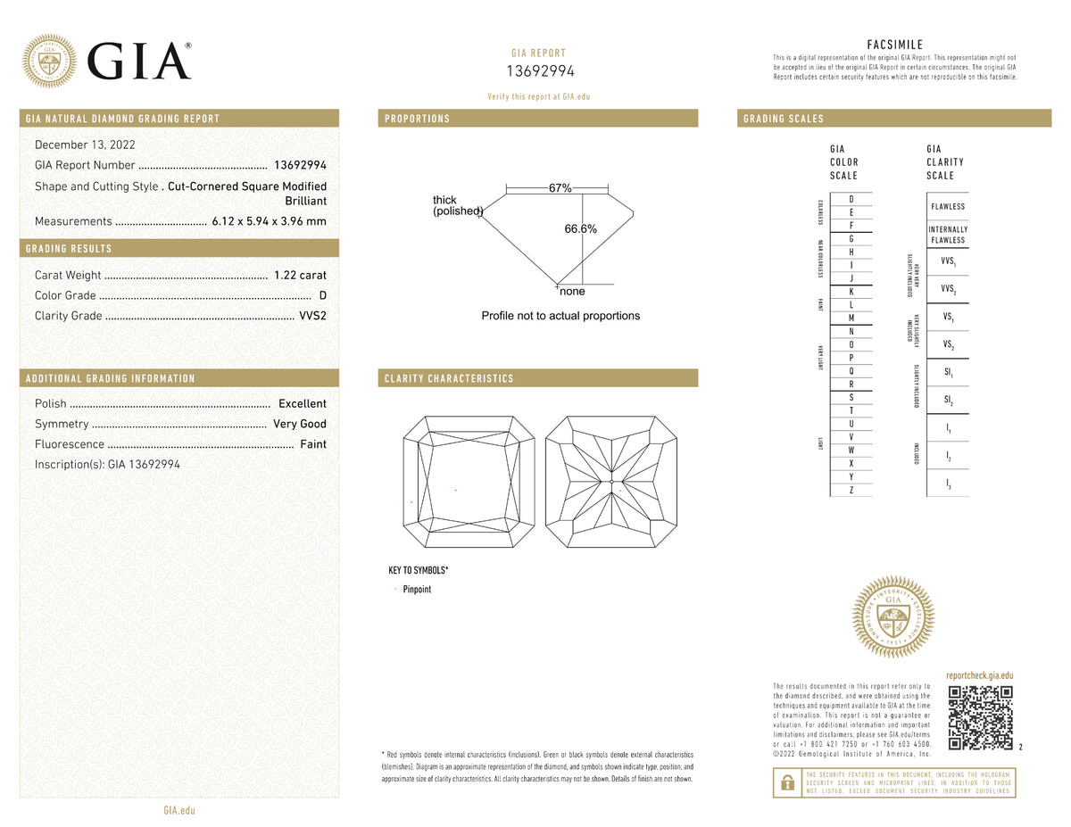 GIA Certified 1.22 Ct Radiant cut D VVS2 Loose Diamond