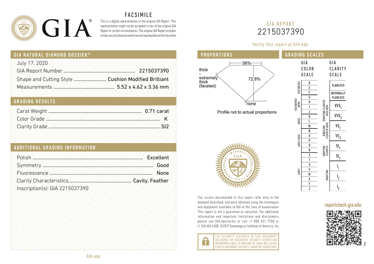 GIA Certified 0.71 Ct Cushion cut K SI2 Loose Diamond