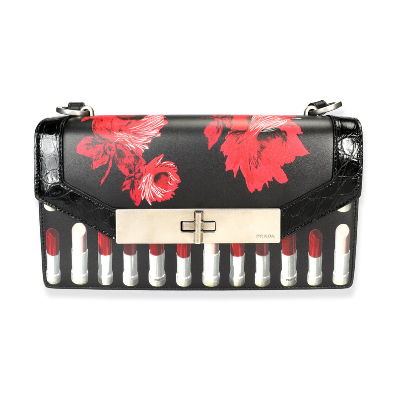 Black Floral & Lipstick Print Leather Séverine Bag