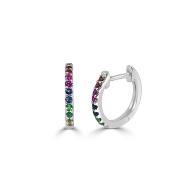 14k White Gold & Rainbow Sapphire Huggie Earrings