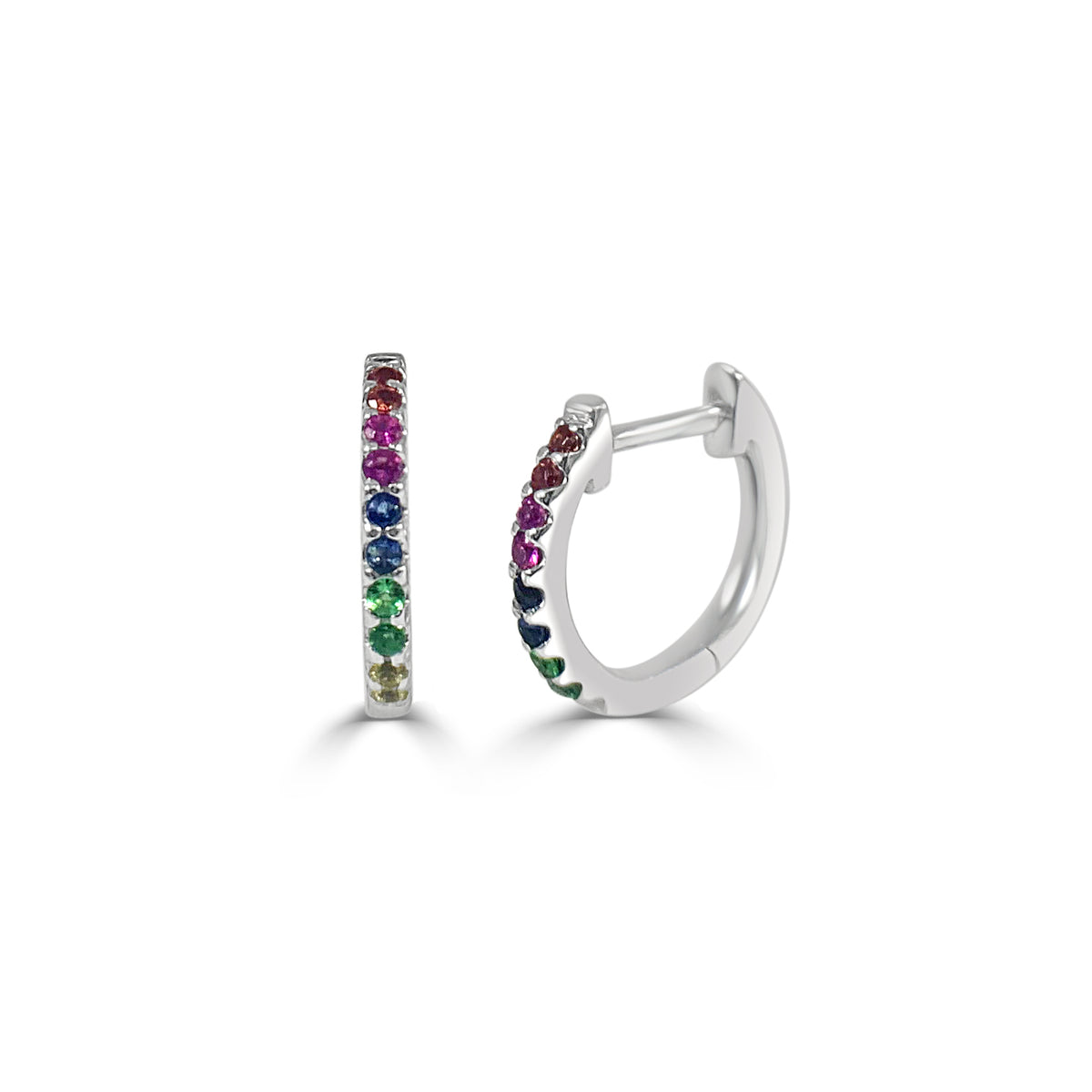 14k White Gold & Rainbow Sapphire Huggie Earrings