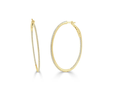 14k Yellow Gold & Diamond Skinny Hoop Earrings 1.5