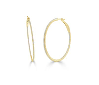 14k Yellow Gold & Diamond Skinny Hoop Earrings 1.5